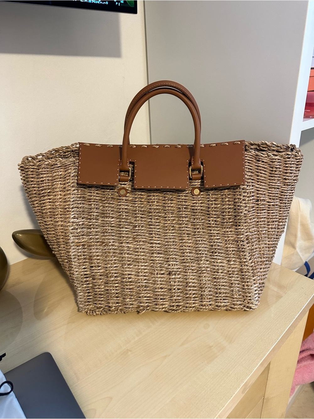 CH Carolina Herrera Vendome Woven Raffia Leather Tote Large Summer Bag - Picture 2 of 16